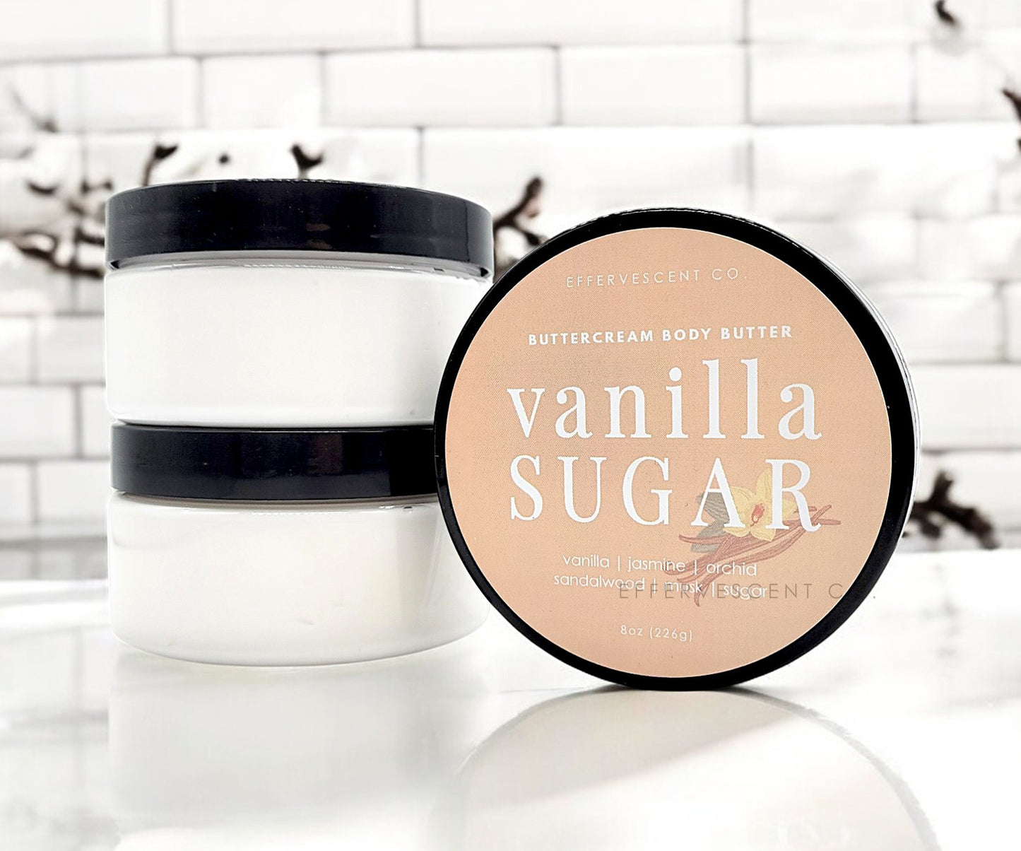 Buttercream Body Butter container with 'vanilla sugar' label on a white background
