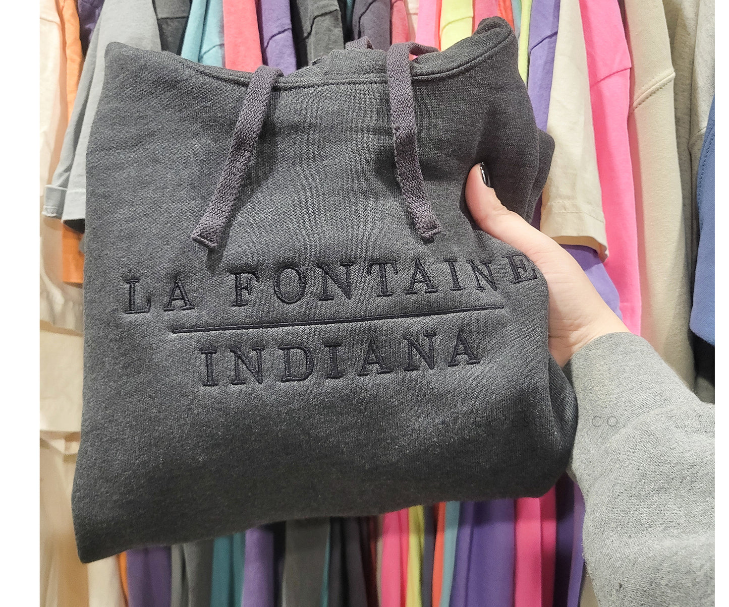 La Fontaine, Indiana (Black-Out) | Embroidered Adult Hoodie | 30% Donated To LAF Park Project