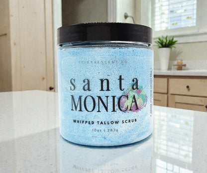Jar of Santa Monica whipped tallow scrub on a kitchen counter